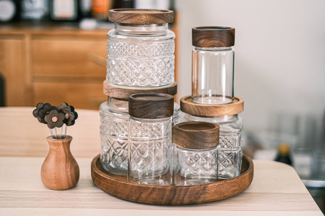 Lidded jars in glass &amp; acacia